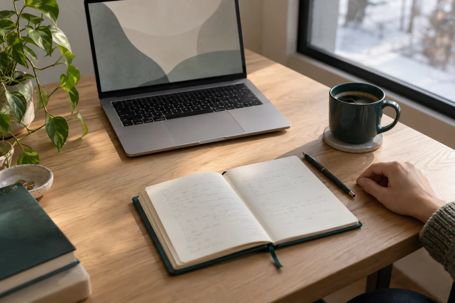 Illustrative image of a desk with a laptop, notebook and coffee