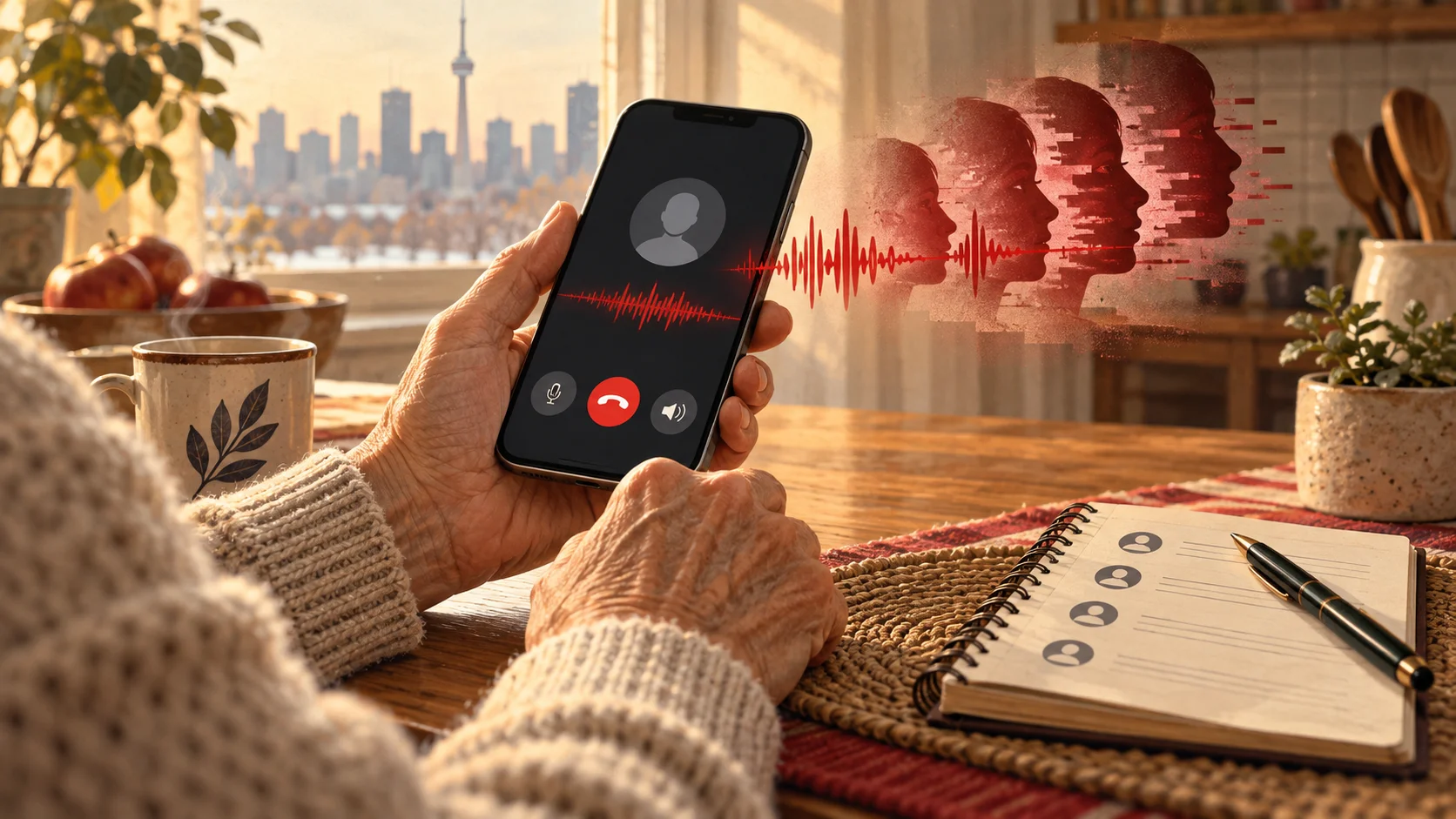 Illustration of an older adult receiving a phone call, with a symbolic cloned voice