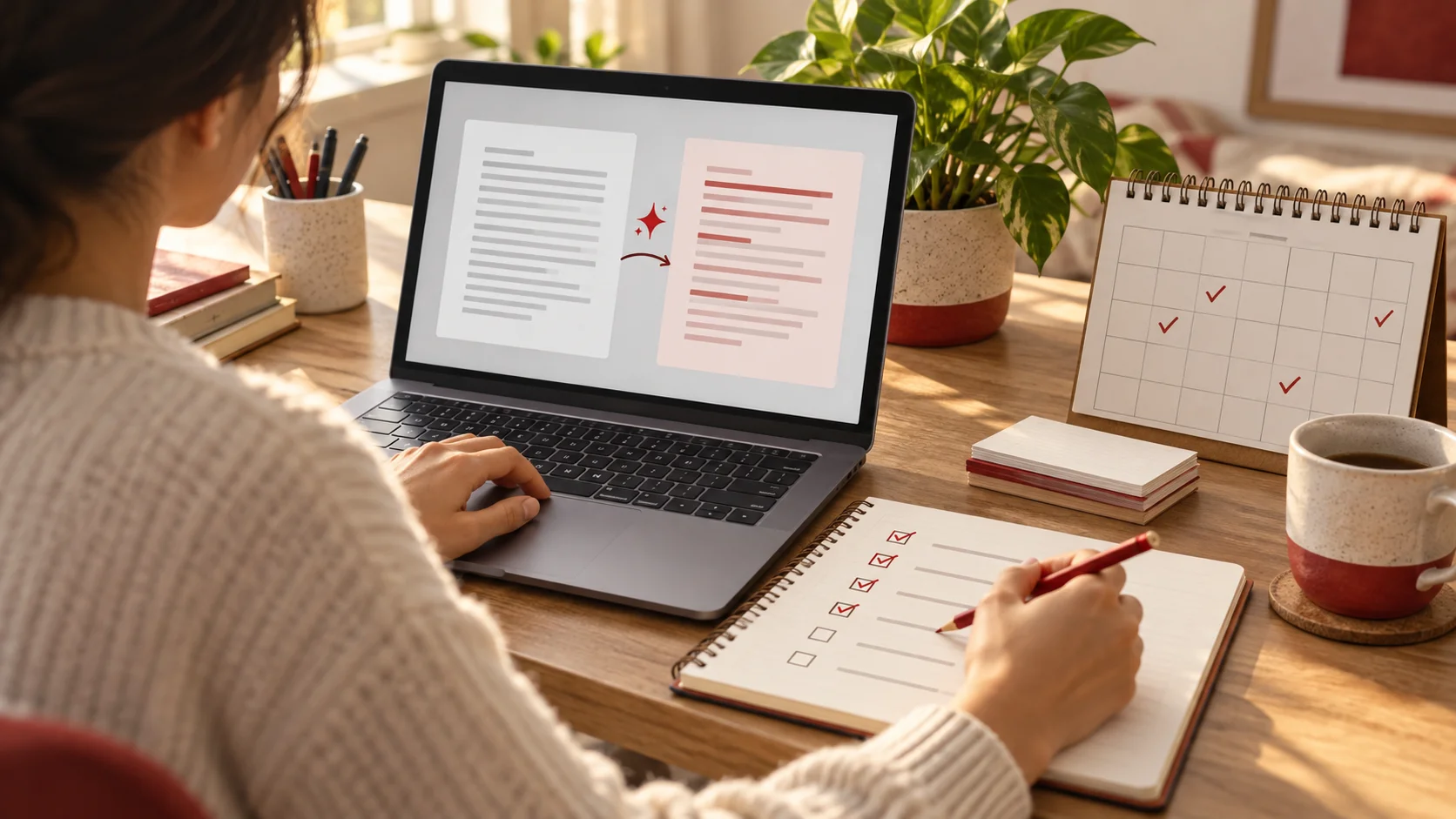 Illustration of a worker reviewing AI-assisted drafts with a checklist and calendar.